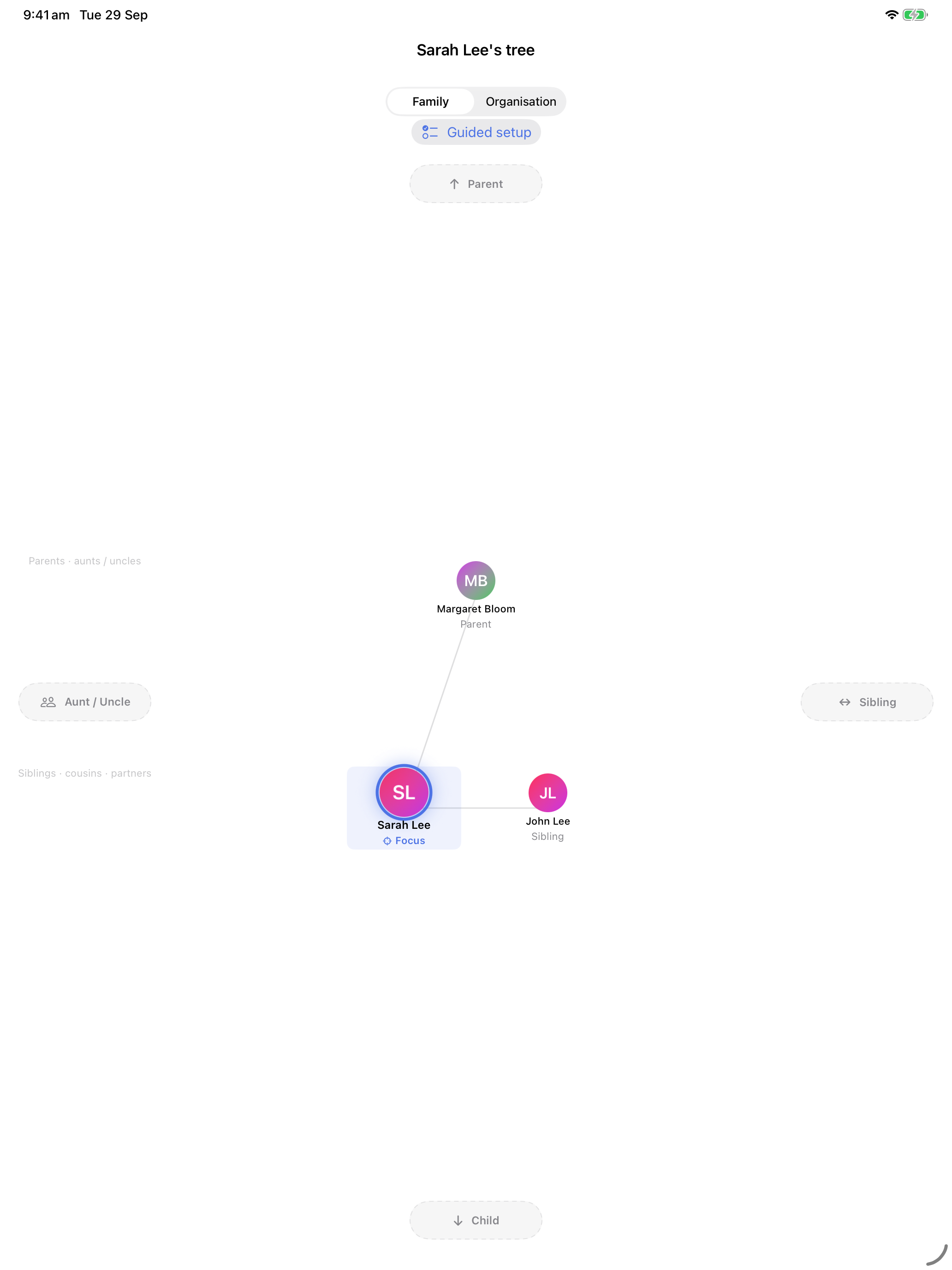 A detail of Orbari’s iPad relationship tree showing Sarah Lee, her parent Margaret Bloom and sibling John Lee.