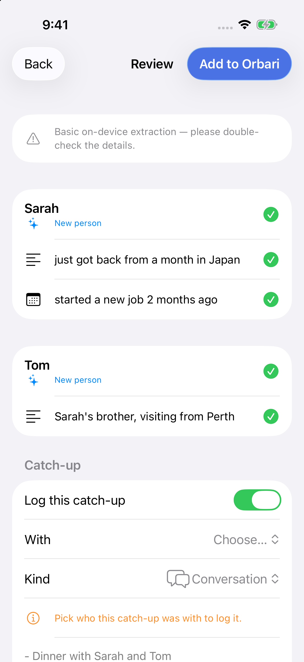 iPhone review screen with suggested people and facts, individual checkmarks and a catch-up to review before saving.